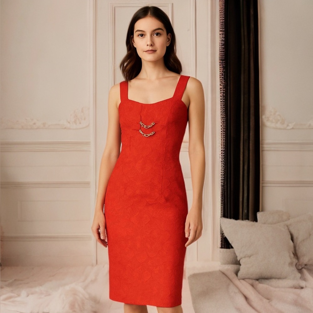 Ellen Tracy Floral Jacquard Coral Poppy Midi Dress Gold Chain Sleeveless Size 2